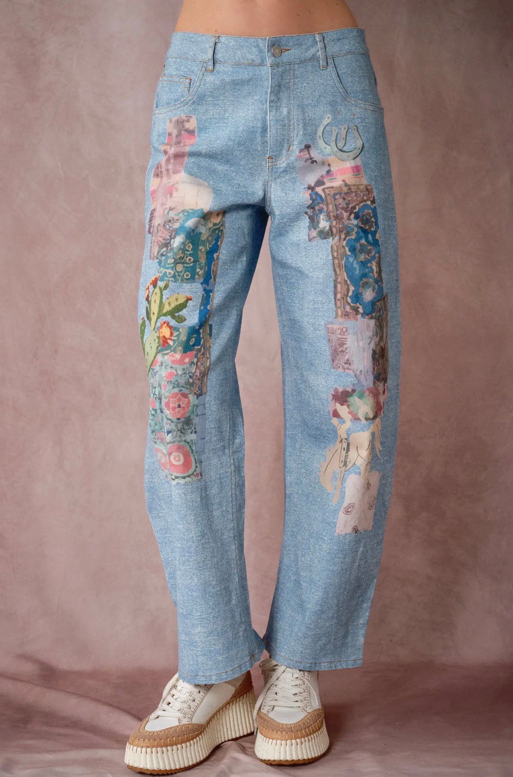 Vintage Print Denim Pants
