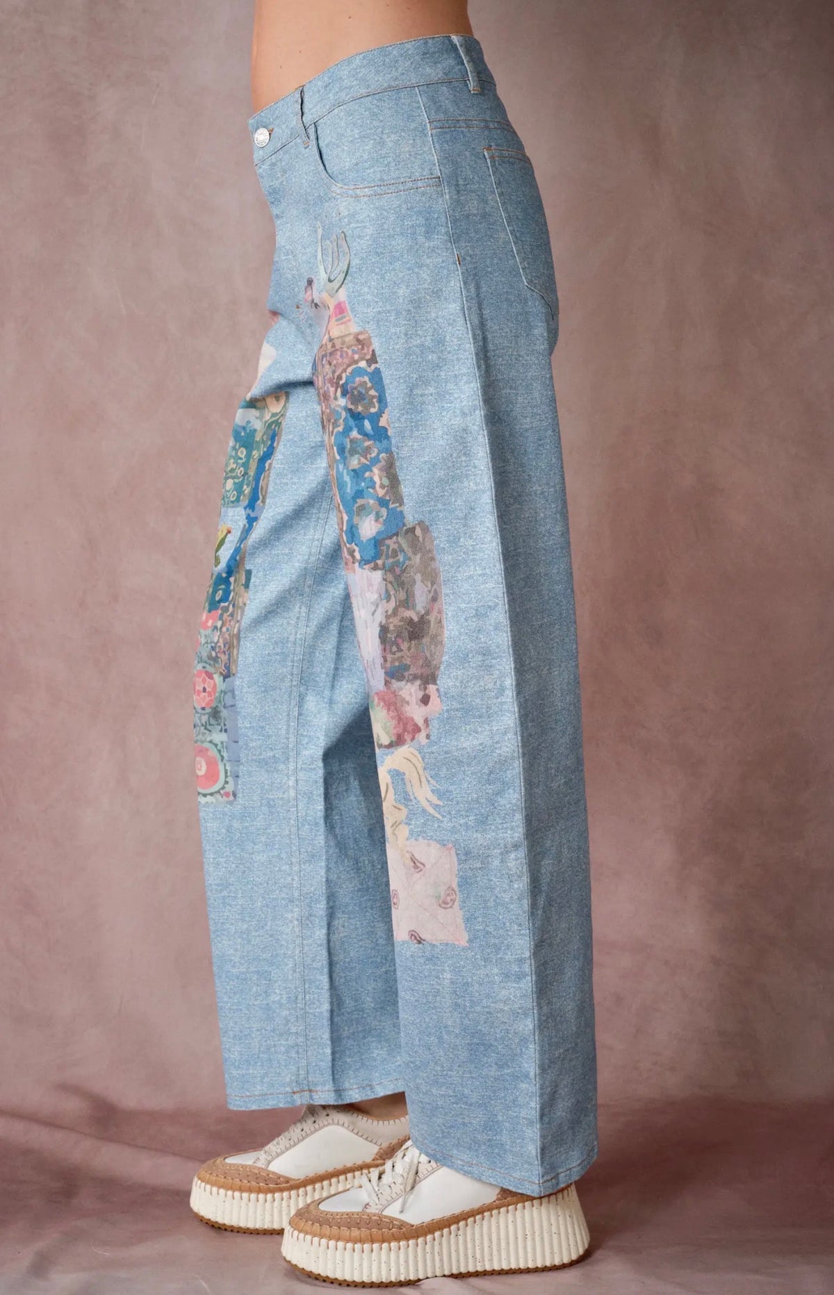 Vintage Print Denim Pants