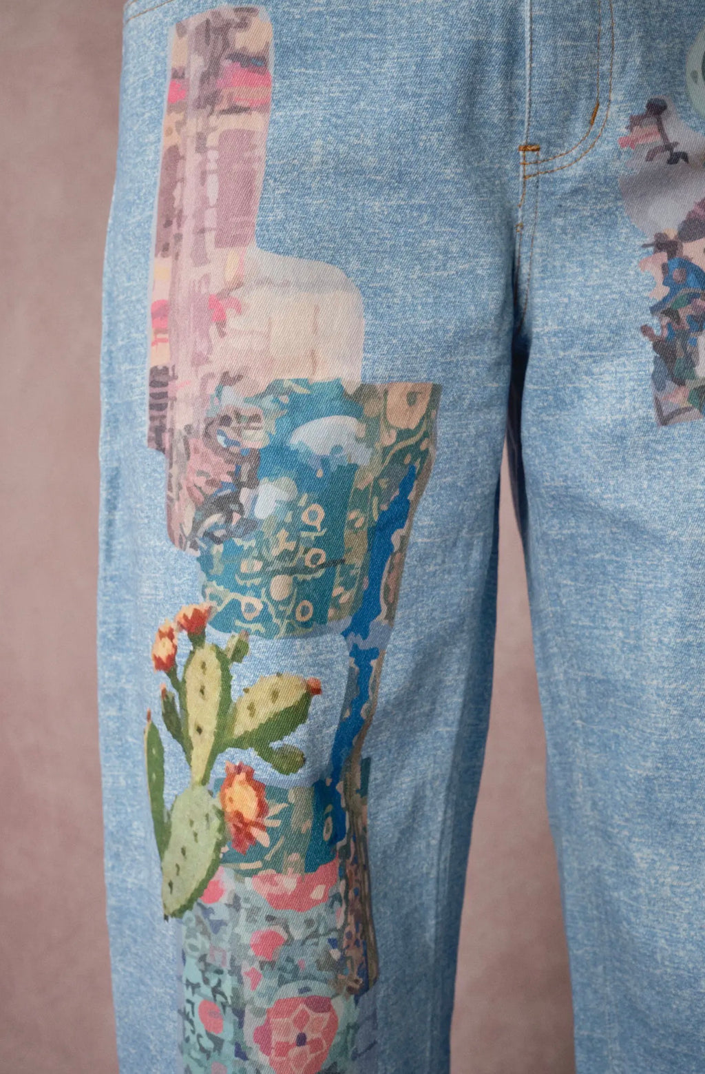 Vintage Print Denim Pants