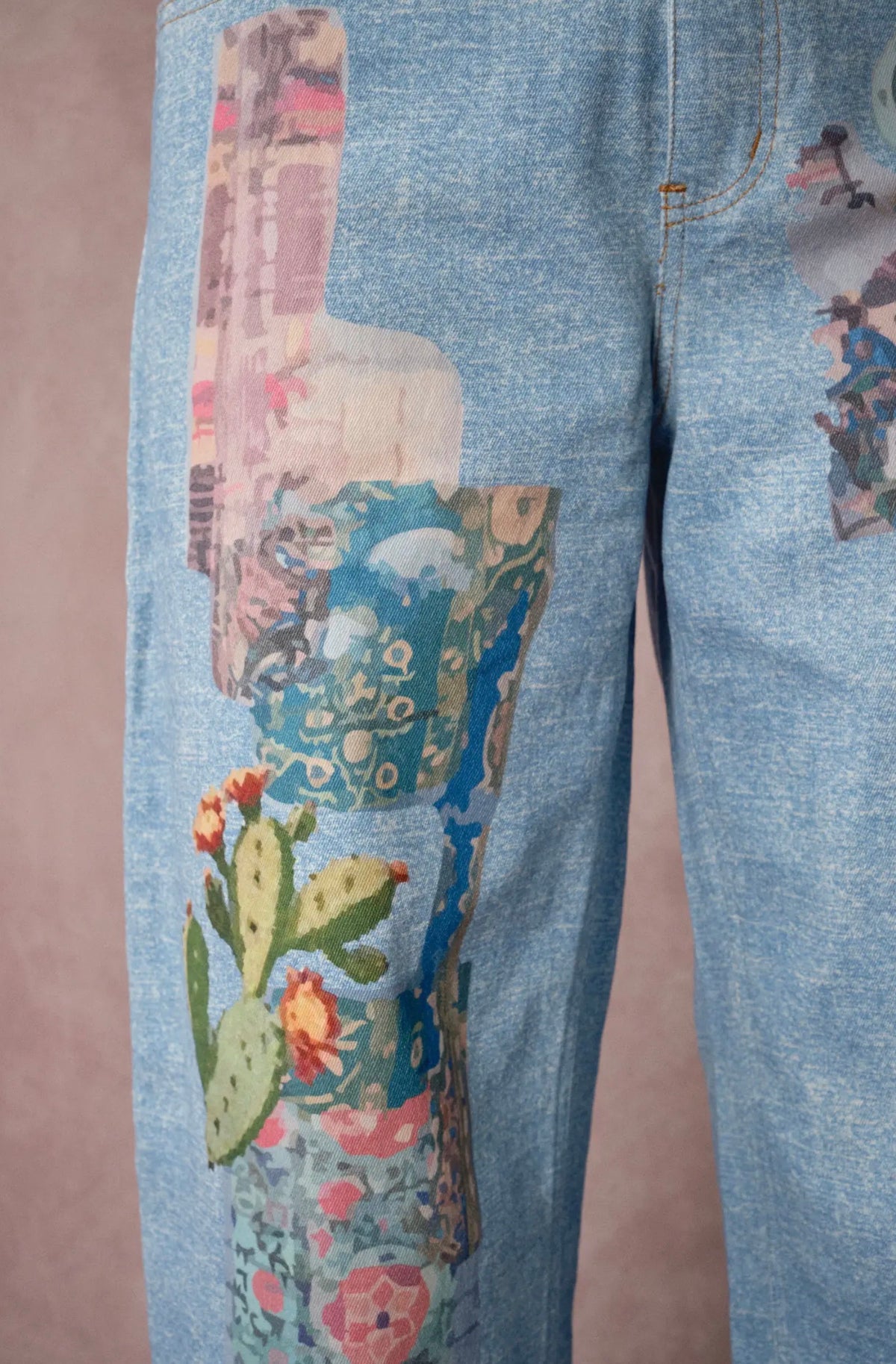 Vintage Print Denim Pants