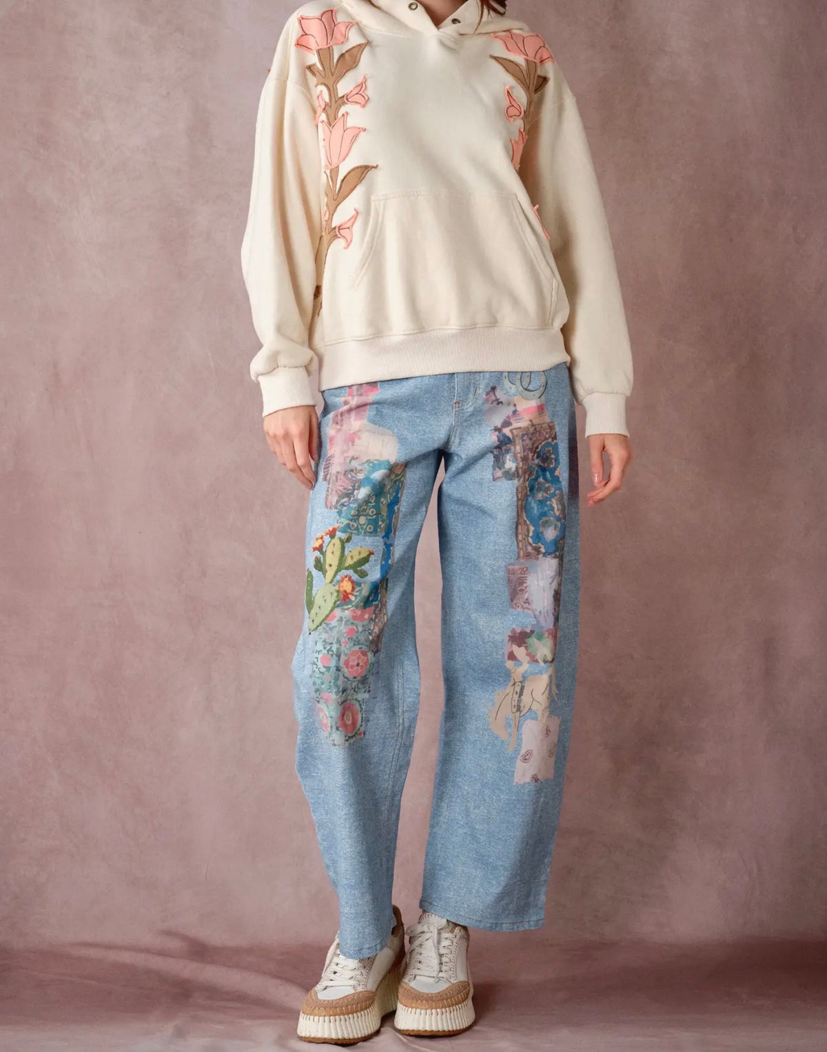 Vintage Print Denim Pants