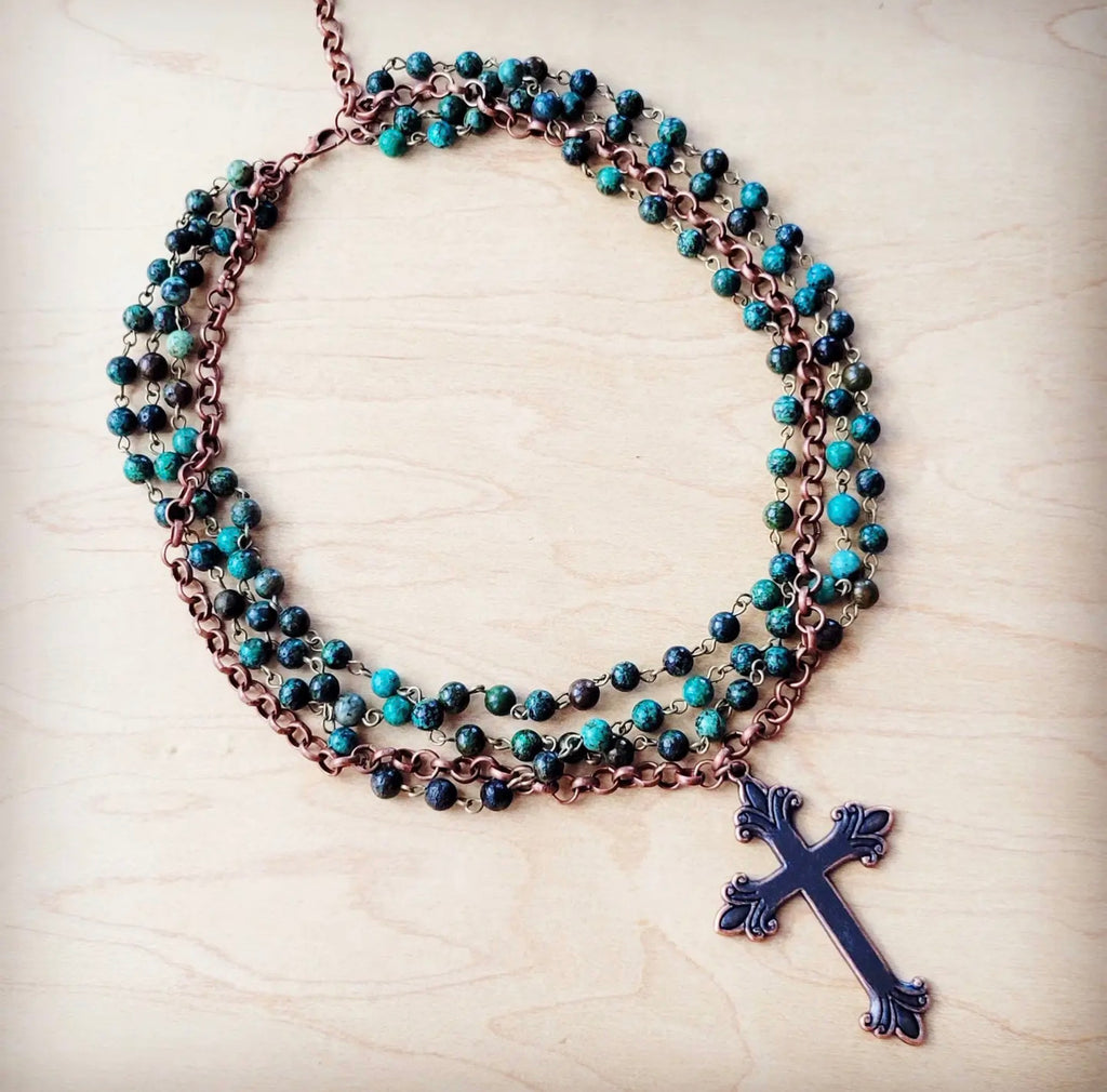 Turquoise Beaded Collar Necklace w/ Cross Pendant