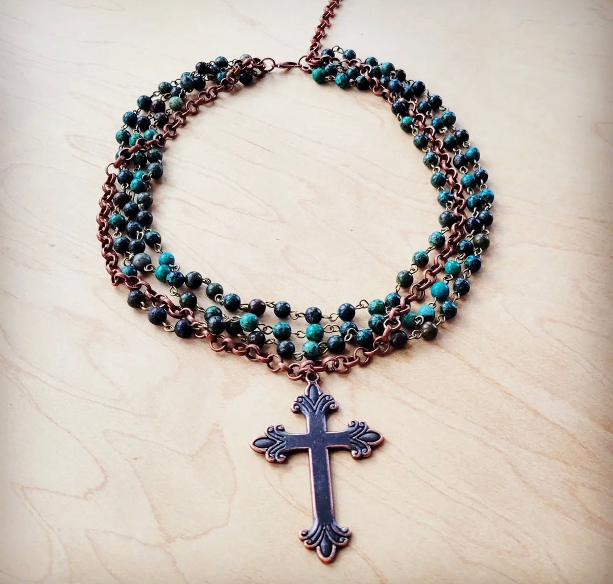 Turquoise Beaded Collar Necklace w/ Cross Pendant