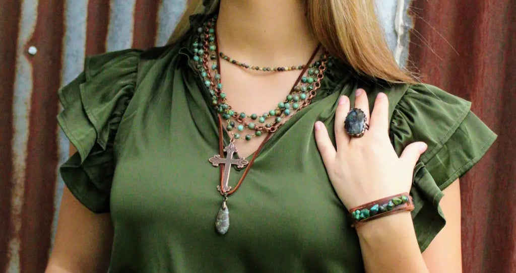 Turquoise Beaded Collar Necklace w/ Cross Pendant