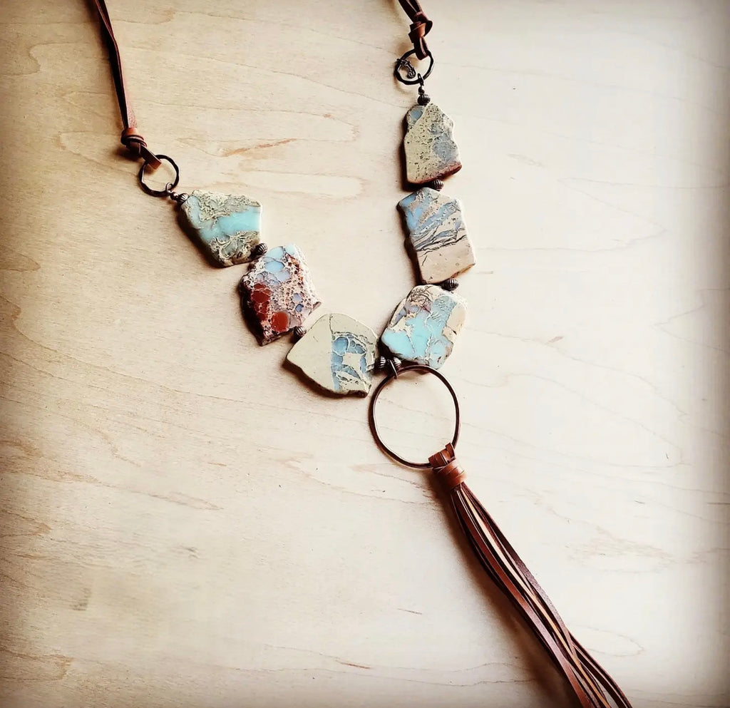 Aqua Terra Slab Necklace with Copper Hoop and Leatherfringe Tassel
