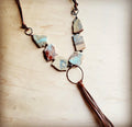 Aqua Terra Slab Necklace with Copper Hoop and Leatherfringe Tassel