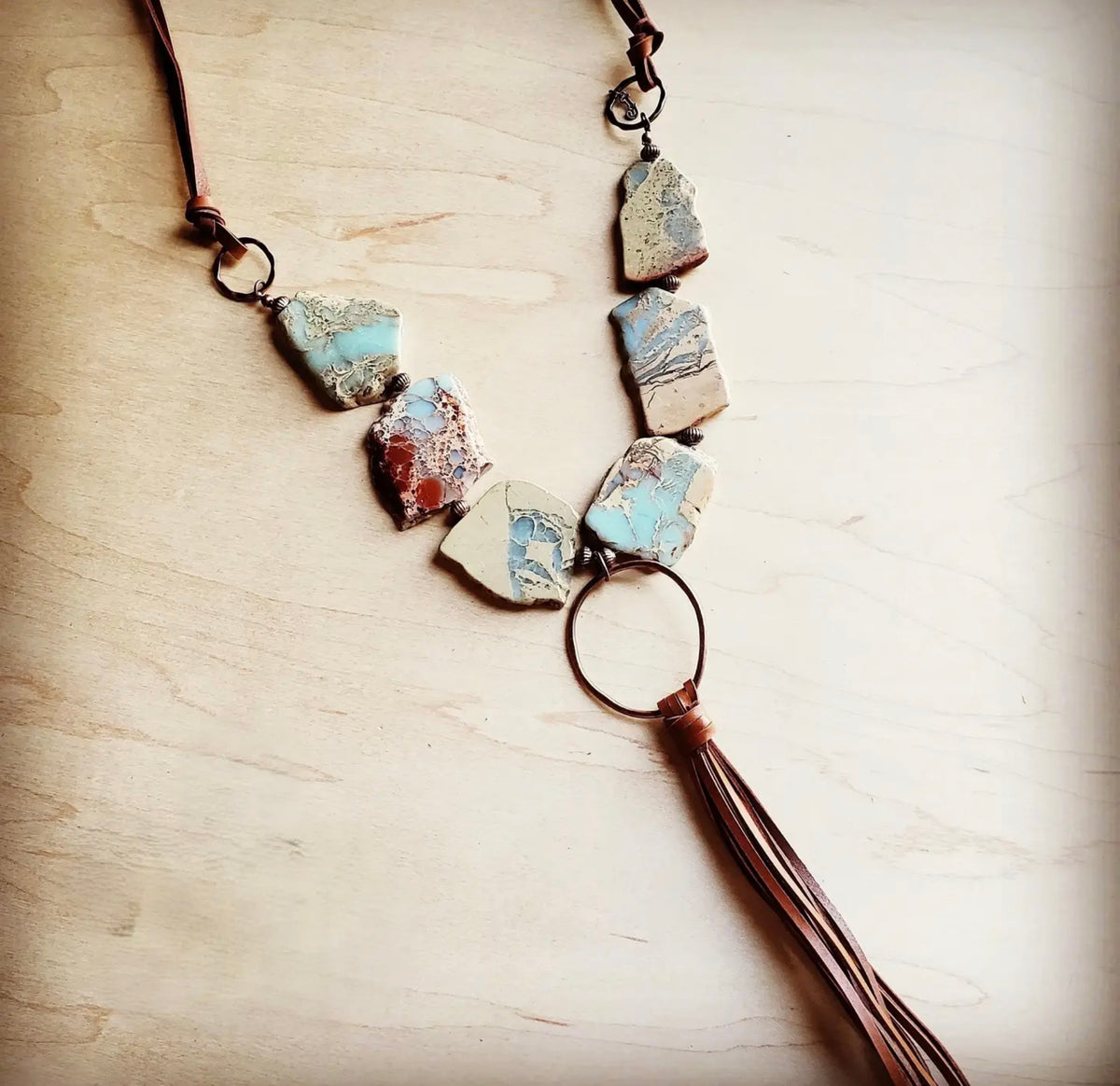 Aqua Terra Slab Necklace with Copper Hoop and Leatherfringe Tassel