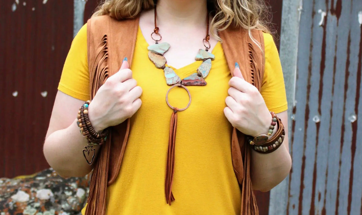 Aqua Terra Slab Necklace with Copper Hoop and Leatherfringe Tassel