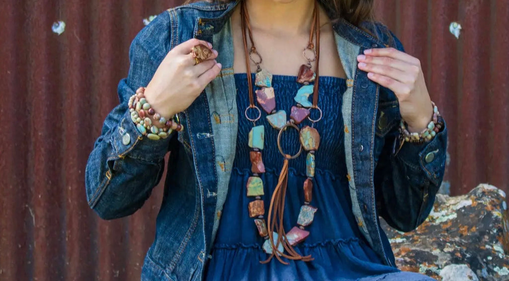 Aqua Terra Slab Necklace with Copper Hoop and Leatherfringe Tassel