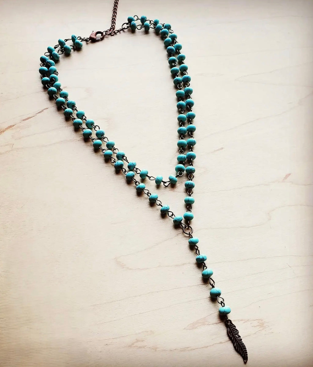 Double Strand Lariat Blue Turquoise Necklace w/ Copper Feather