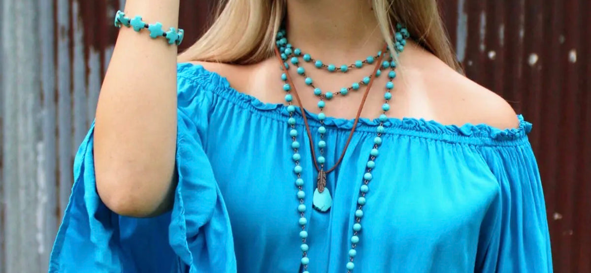 Double Strand Lariat Blue Turquoise Necklace w/ Copper Feather