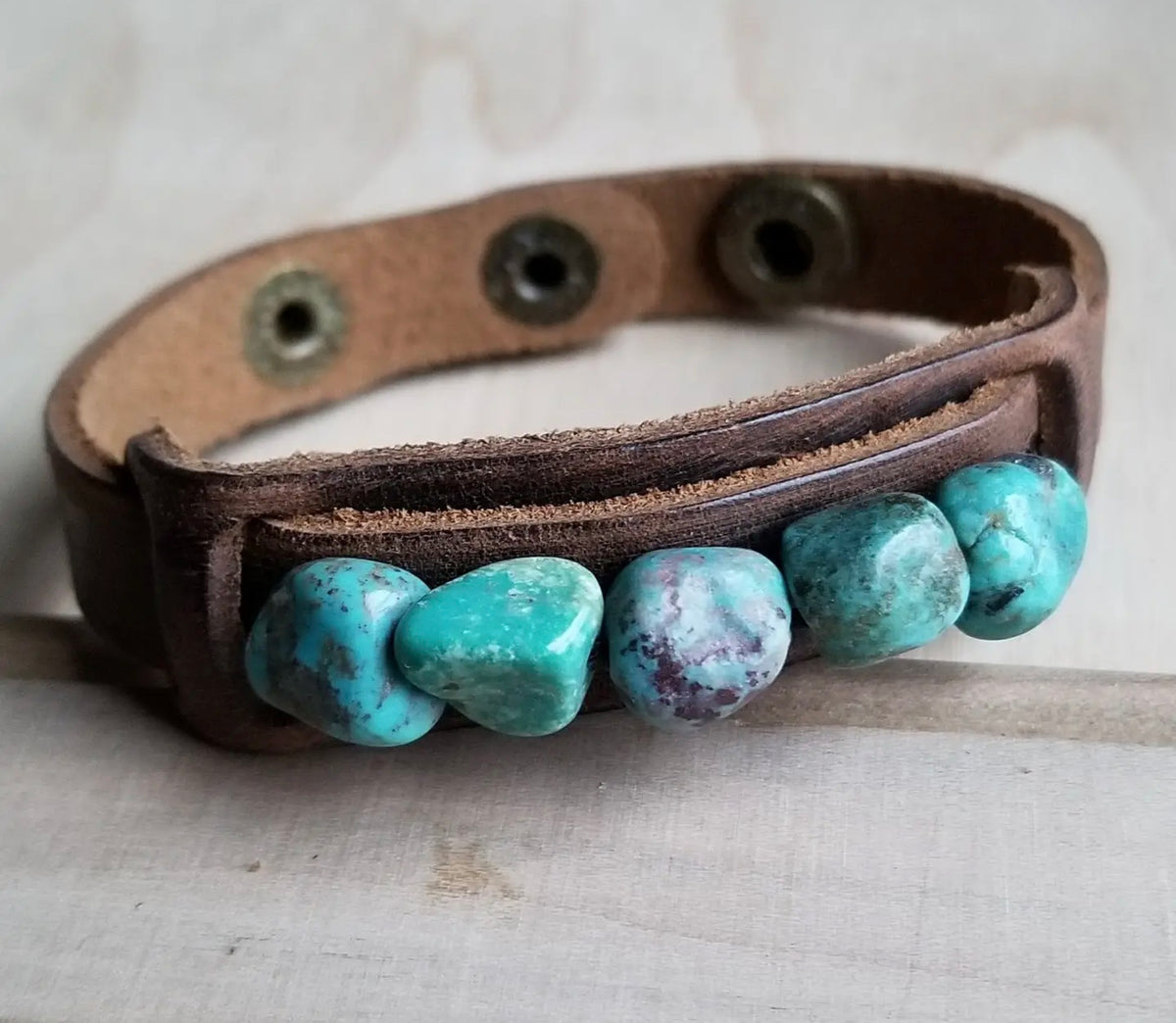 Genuine Leather Narrow Cuff & Natural Turquoise Chunks