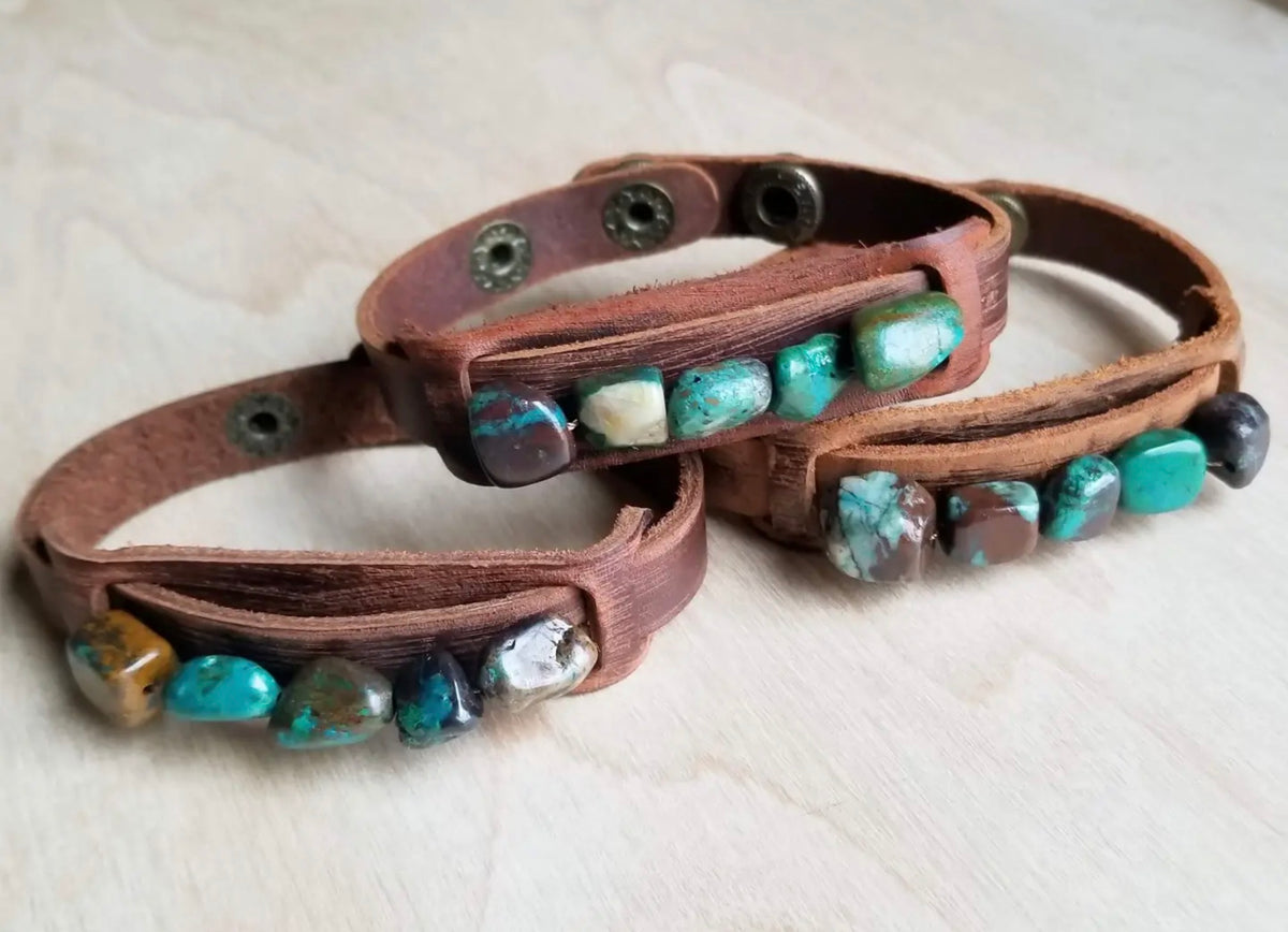 Genuine Leather Narrow Cuff & Natural Turquoise Chunks