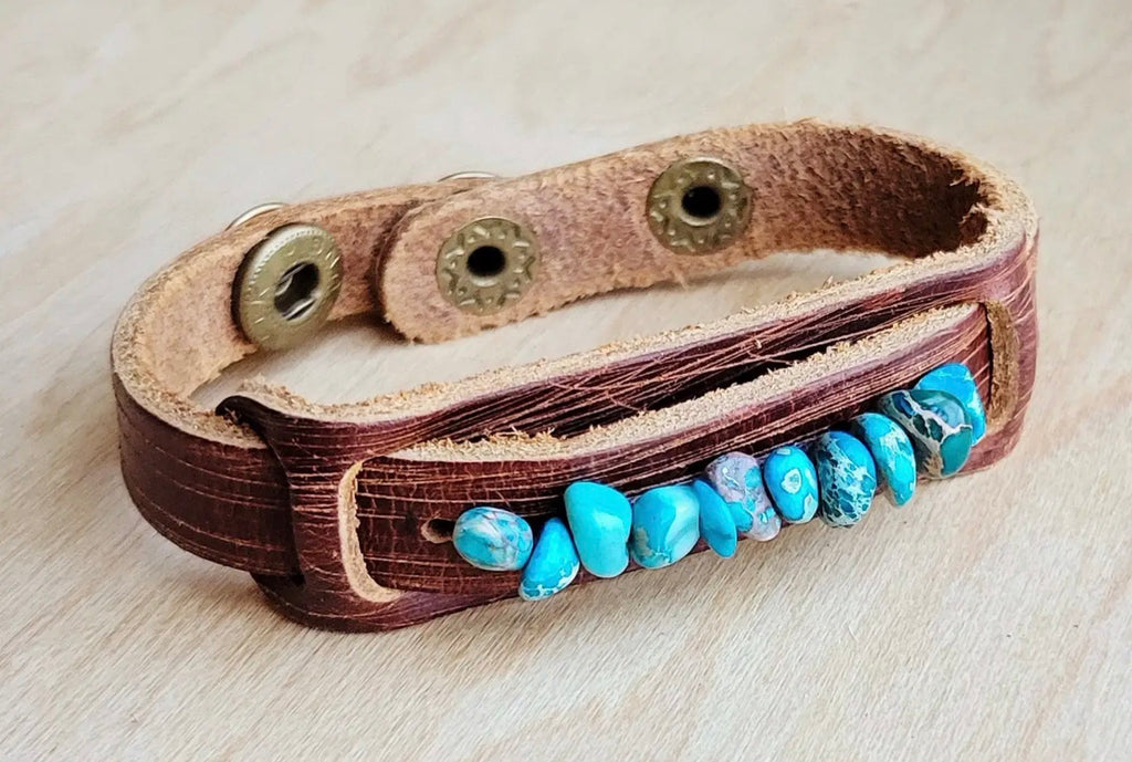 Genuine Leather Narrow Cuff Turquoise Regalite Stones