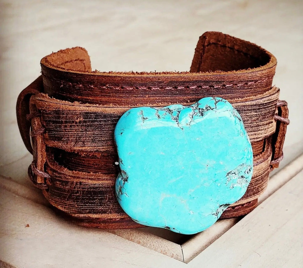 Genuine Leather Wide Cuff with Blue Turquoise Slab