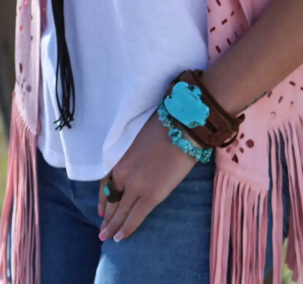 Genuine Leather Wide Cuff with Blue Turquoise Slab
