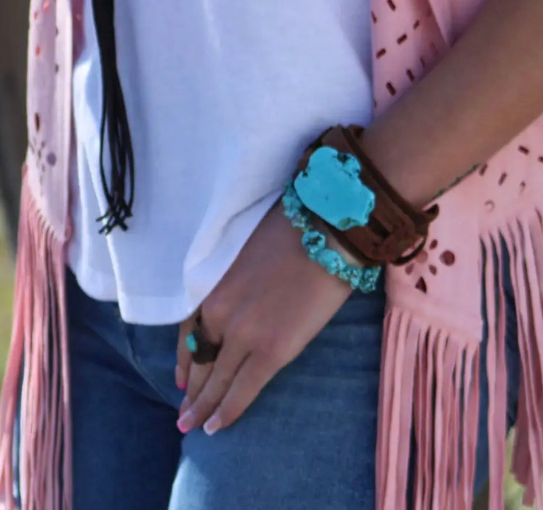 Genuine Leather Wide Cuff with Blue Turquoise Slab