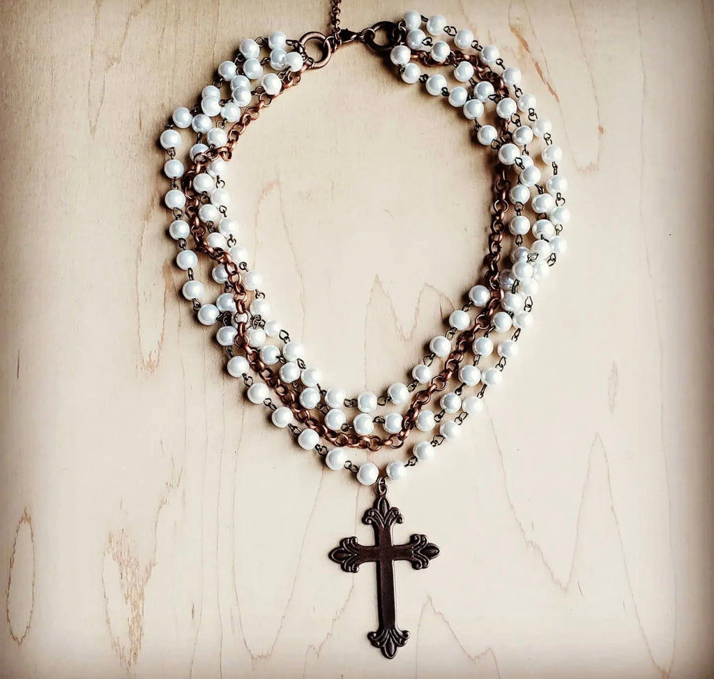 Pearl and Copper Beaded Collar Necklace with Copper Cross
