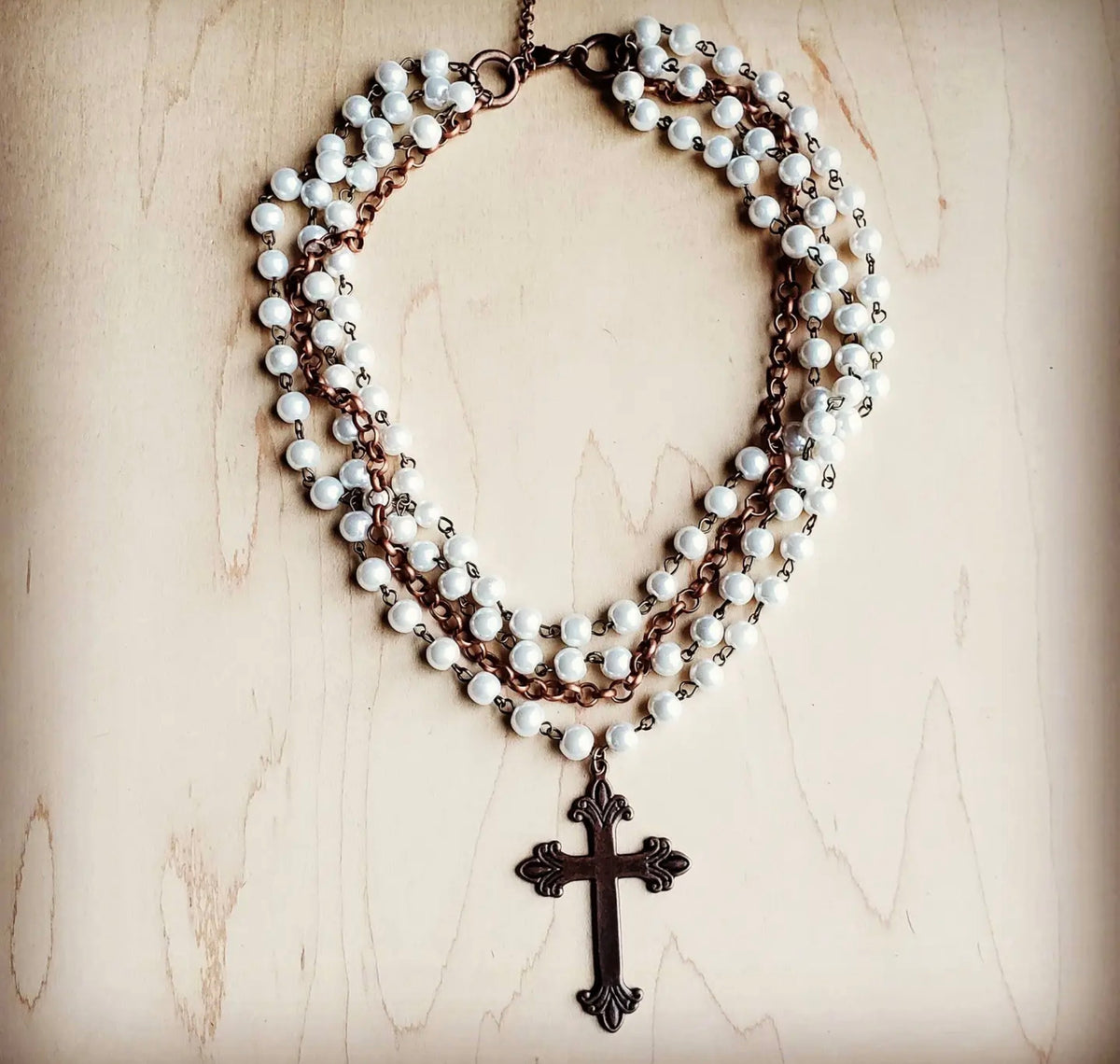 Pearl and Copper Beaded Collar Necklace with Copper Cross