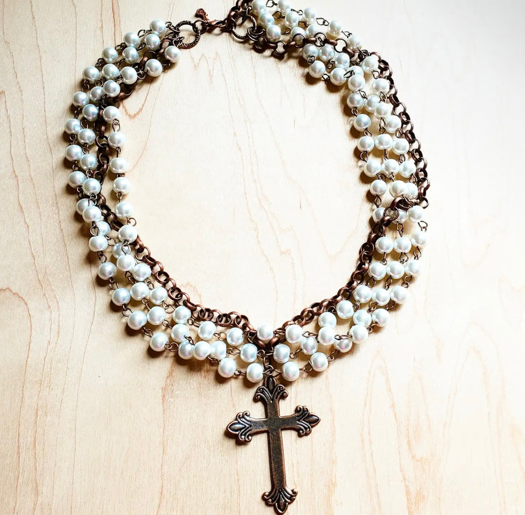 Pearl and Copper Beaded Collar Necklace with Copper Cross