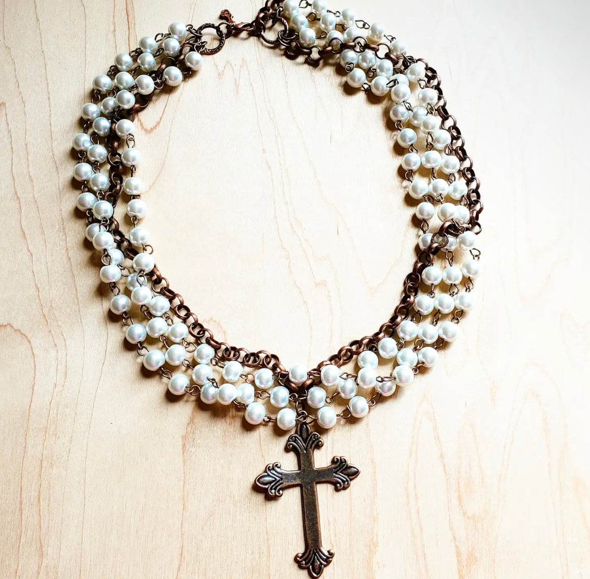 Pearl and Copper Beaded Collar Necklace with Copper Cross