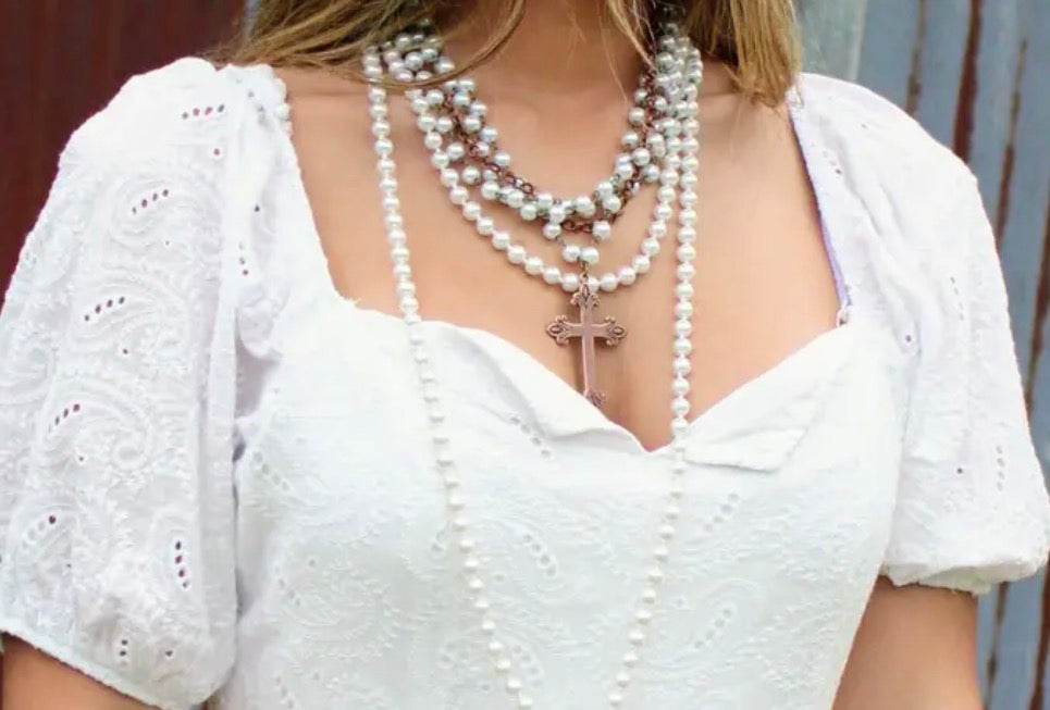 Pearl and Copper Beaded Collar Necklace with Copper Cross