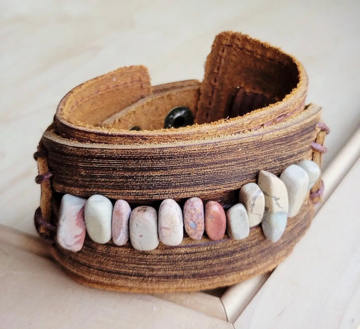 Genuine Leather Cuff with Aqua Terra Gemstone Chunks
