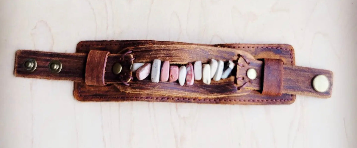 Genuine Leather Cuff with Aqua Terra Gemstone Chunks