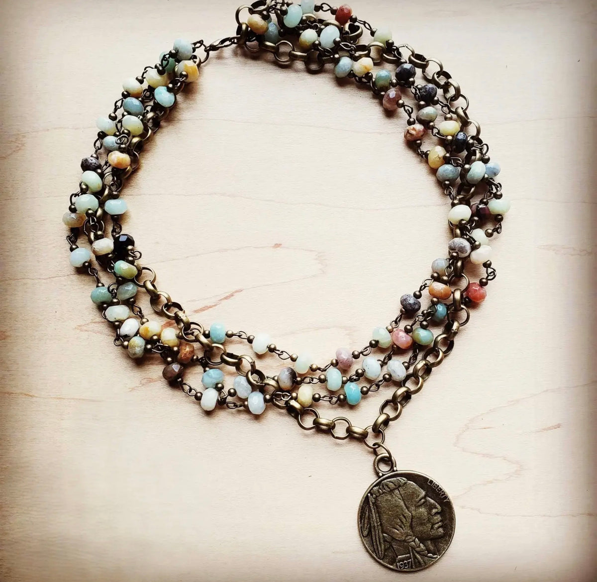Amazonite Collar-Length Necklace with Indian Head Coin