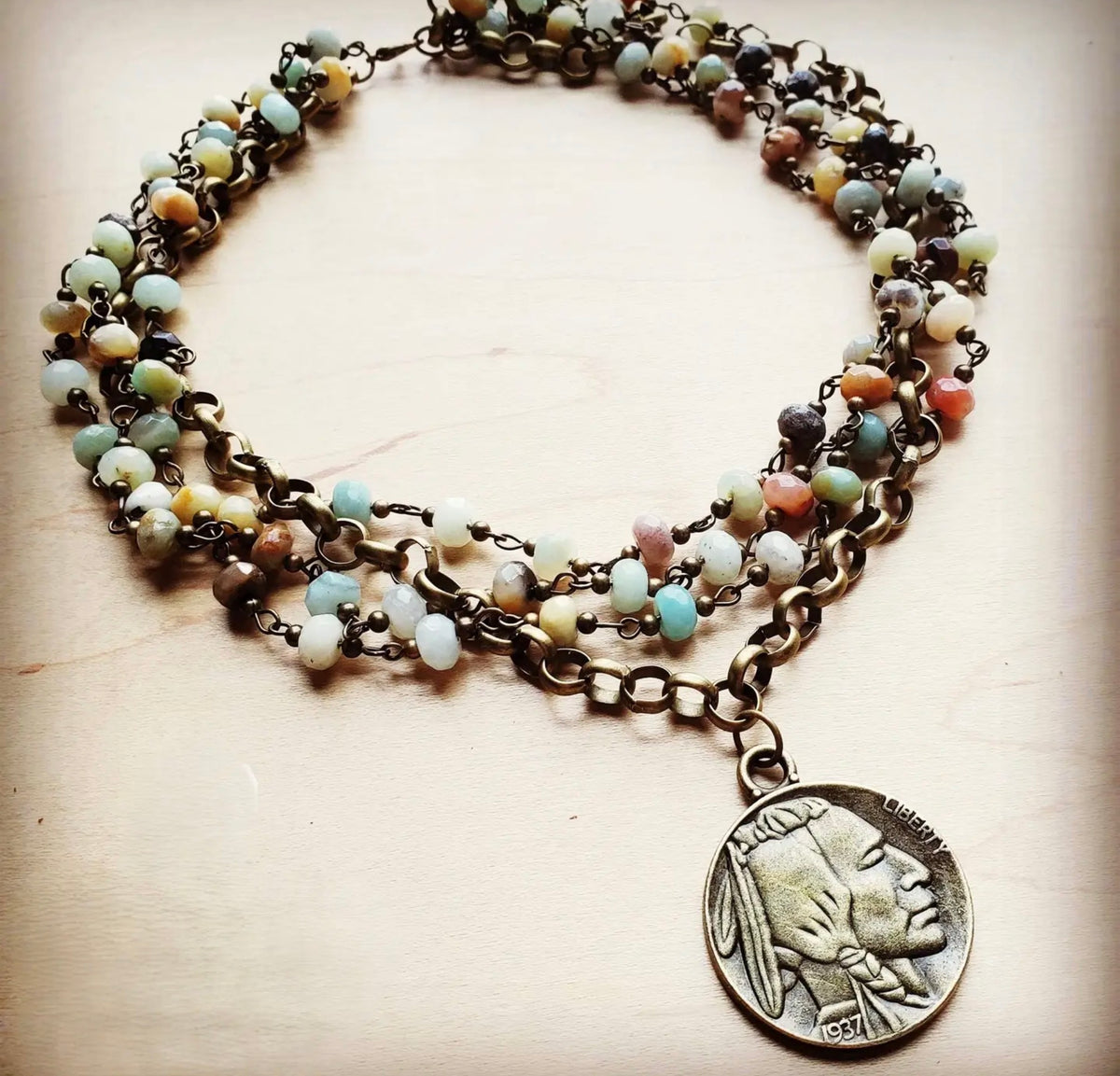 Amazonite Collar-Length Necklace with Indian Head Coin