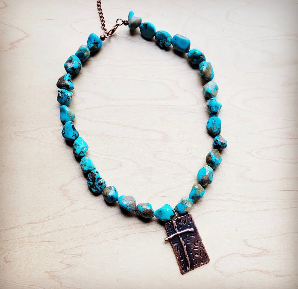 Blue Turquoise Collar Necklace w/ Copper Cross Pendant
