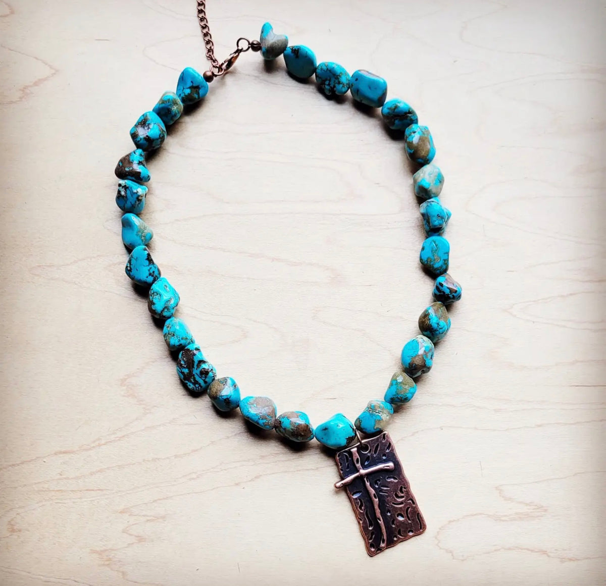 Blue Turquoise Collar Necklace w/ Copper Cross Pendant