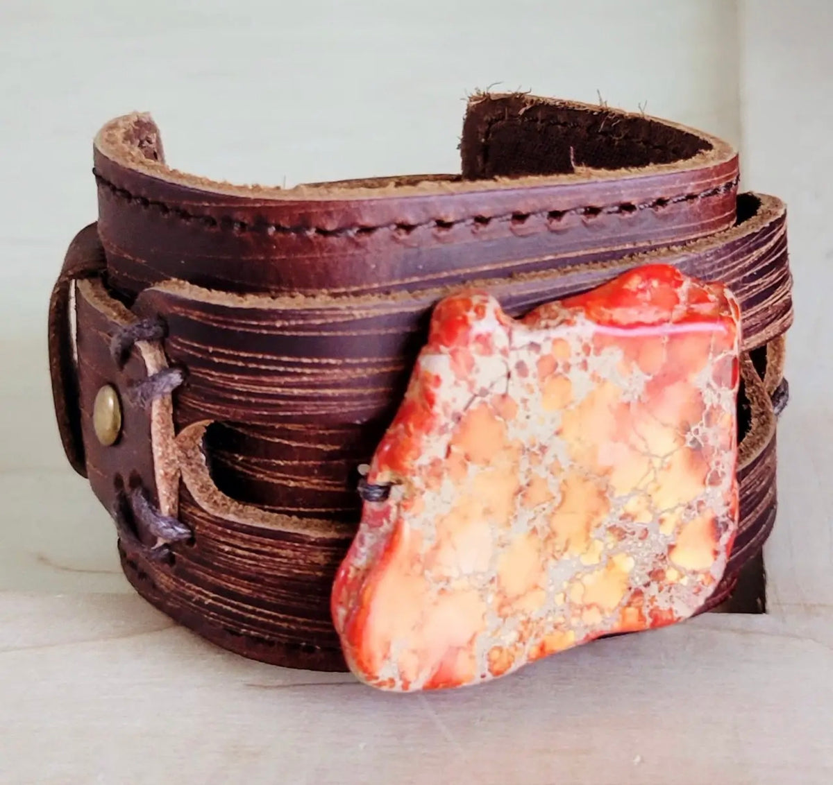 Genuine Leather Wide Cuff Bracelet w/ Orange Regalite Slab