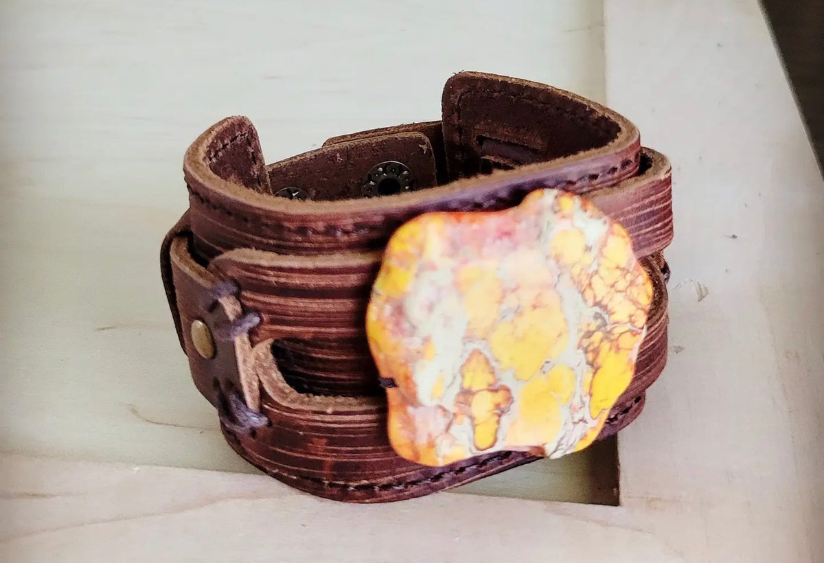 Genuine Leather Wide Cuff Bracelet w/ Orange Regalite Slab