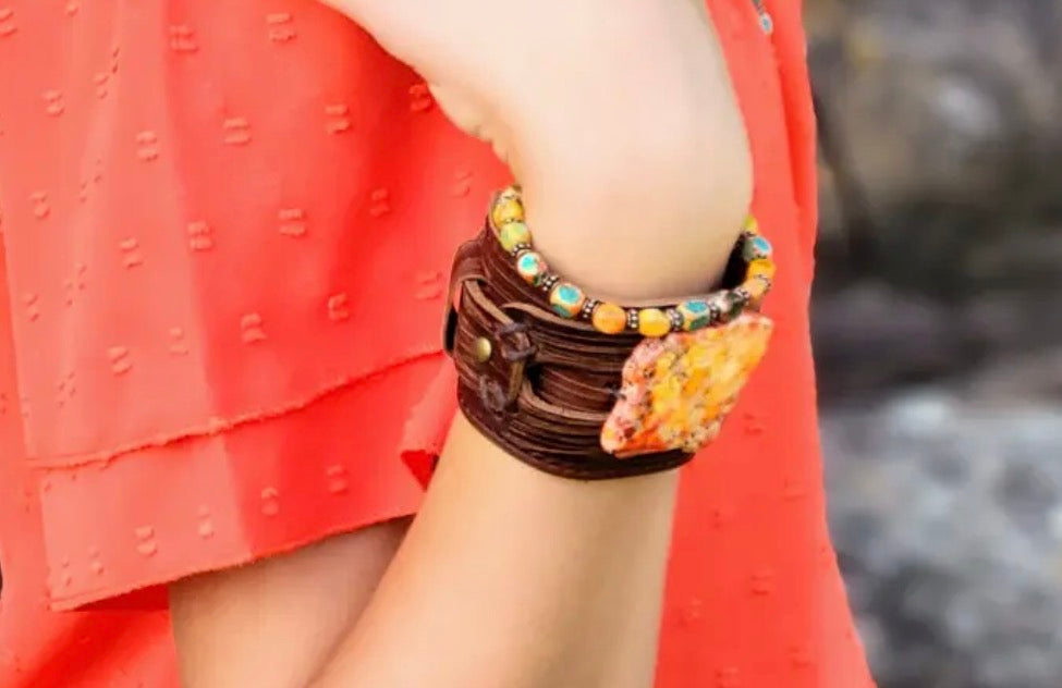 Genuine Leather Wide Cuff Bracelet w/ Orange Regalite Slab