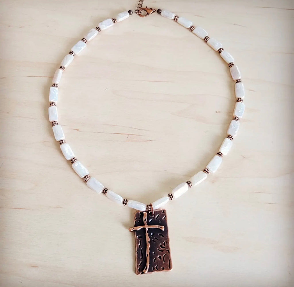 Rectangle Freshwater Pearl & Copper Necklace w/ Antique Cross Pendant