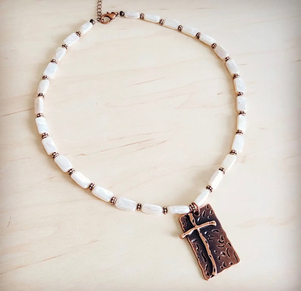Rectangle Freshwater Pearl & Copper Necklace w/ Antique Cross Pendant