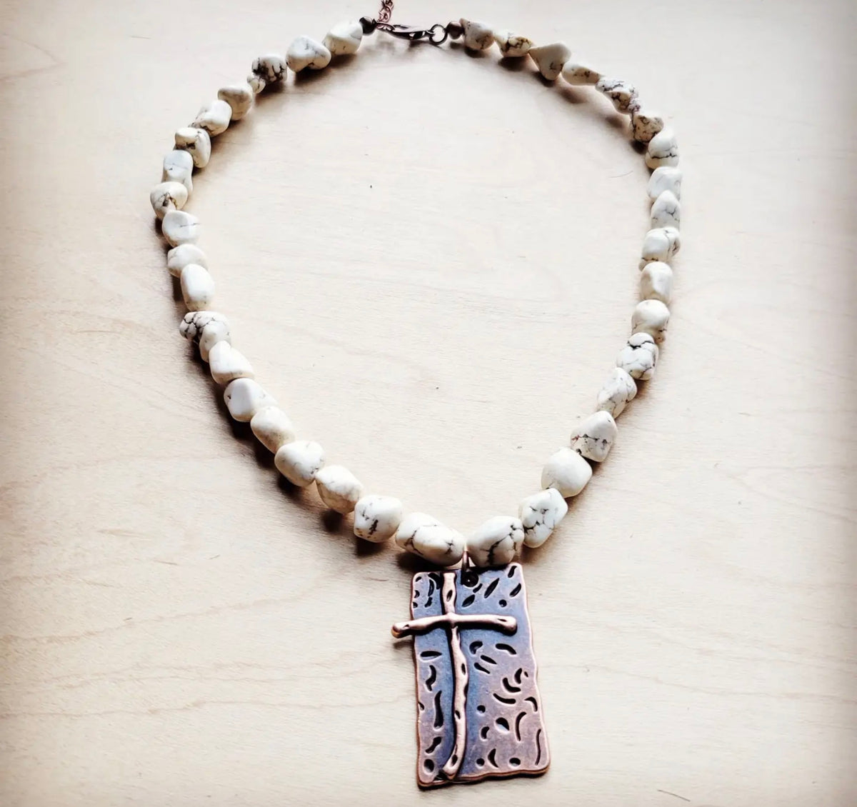 White Turquoise Collar Necklace w/ Copper Cross Pendant