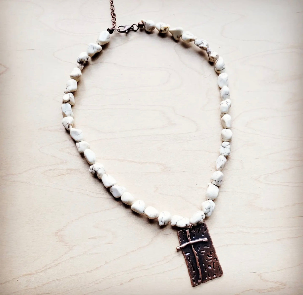 White Turquoise Collar Necklace w/ Copper Cross Pendant