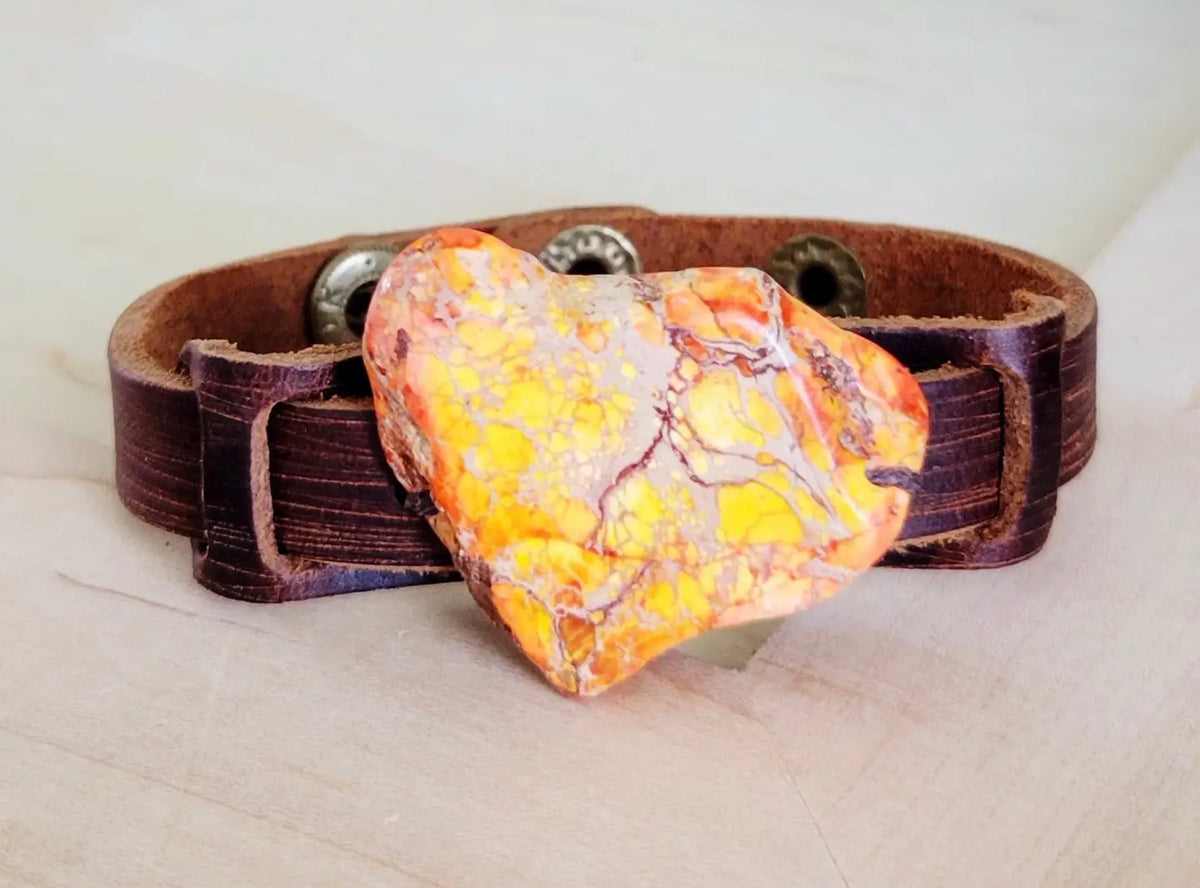 Genuine Leather Narrow Cuff w/ Orange Regalite Slab
