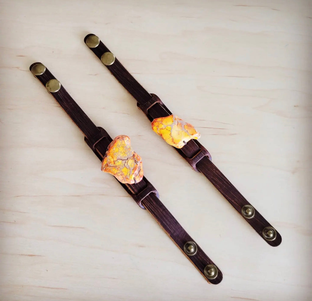 Genuine Leather Narrow Cuff w/ Orange Regalite Slab