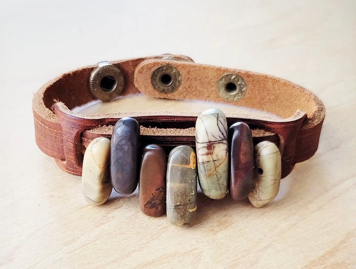 Genuine Leather Narrow Cuff with Picasso Jasper Stones