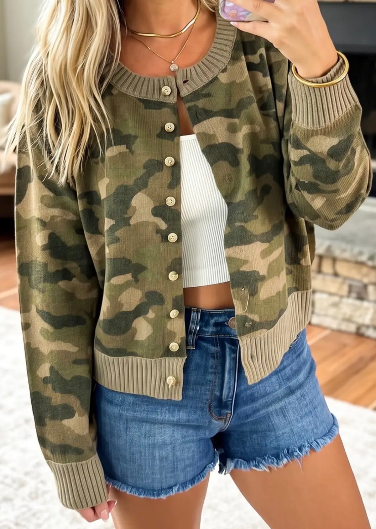 Camo Button Front Cardigan
