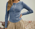 Washed Long Sleeve Ribbed Henley Top