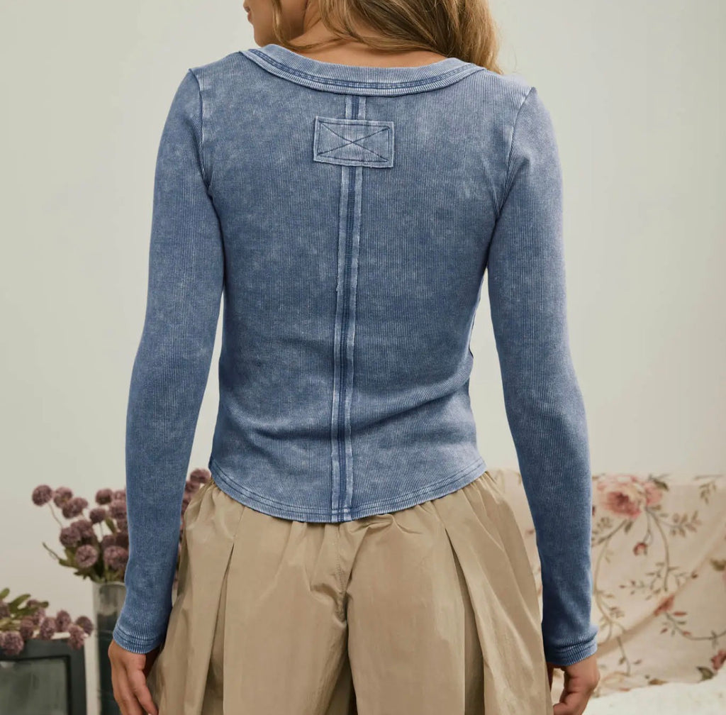 Washed Long Sleeve Ribbed Henley Top