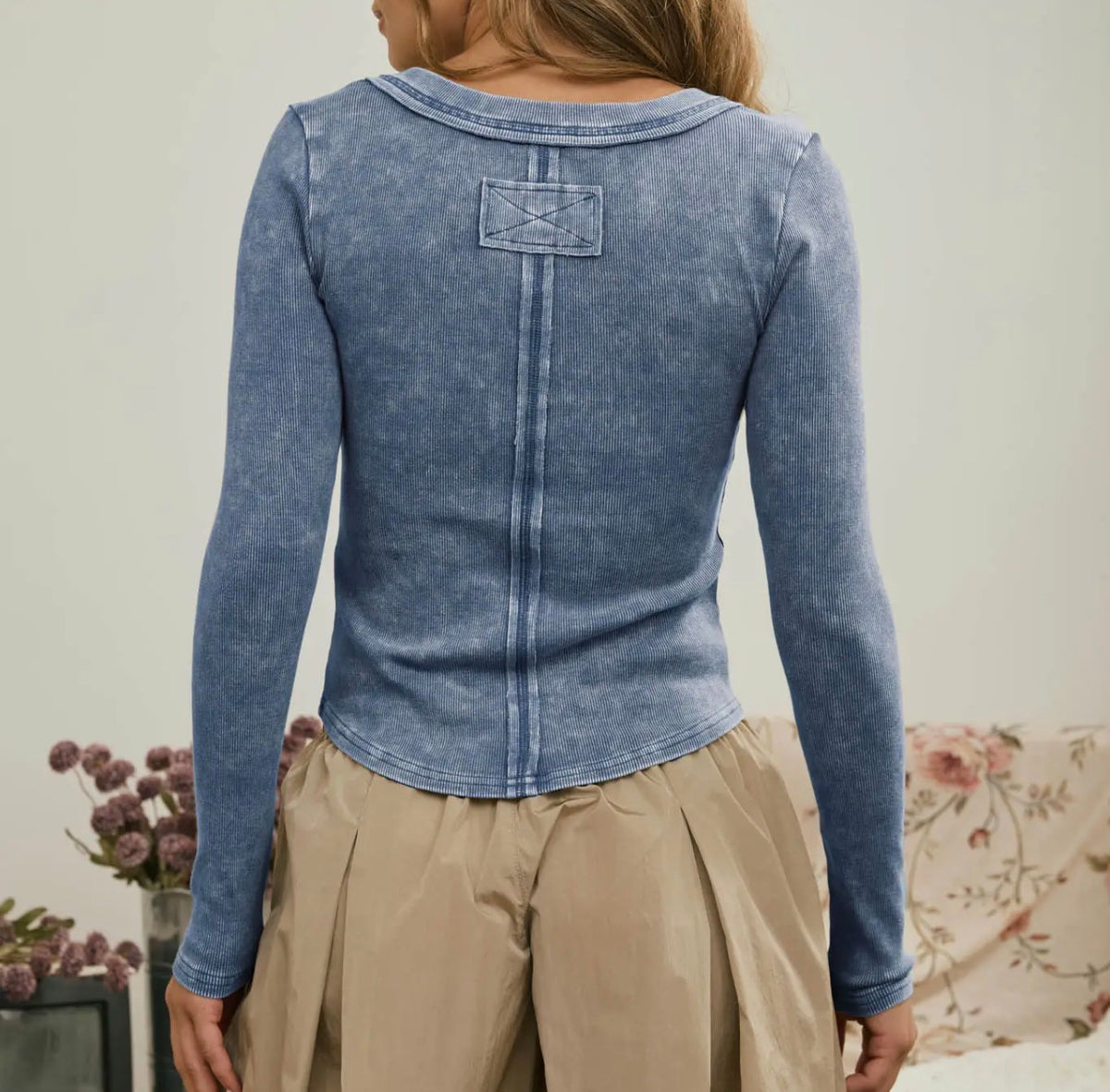 Washed Long Sleeve Ribbed Henley Top